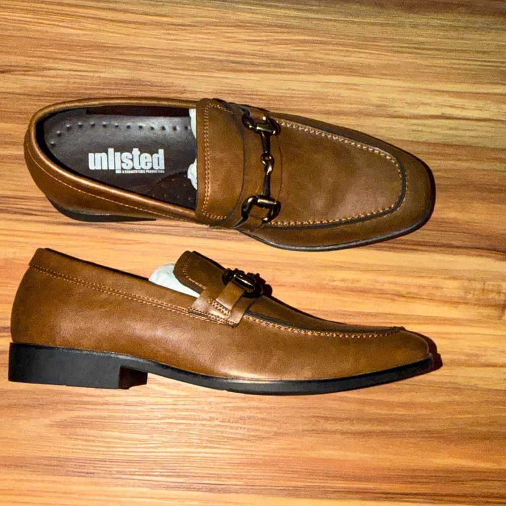 Unlisted Tan Brown Leather Slip-On Loafers with Metal Bit